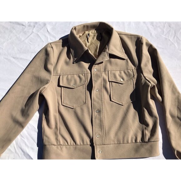 Vtg 70s Mens Tan Haggar Leisure Jacket 42 Big Collar Textured Poly Western Pearl - Picture 1 of 16
